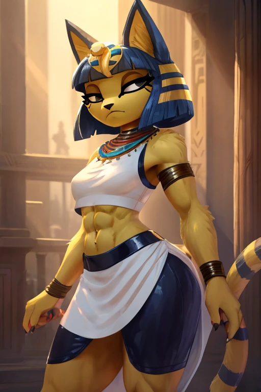 a digital sideview artwork of ankha with abs wearing a crop top of her white sleeveless dress with white long skirt, a bare midriff and a bare navel, trending on artstation, 4k, furry, anthro style