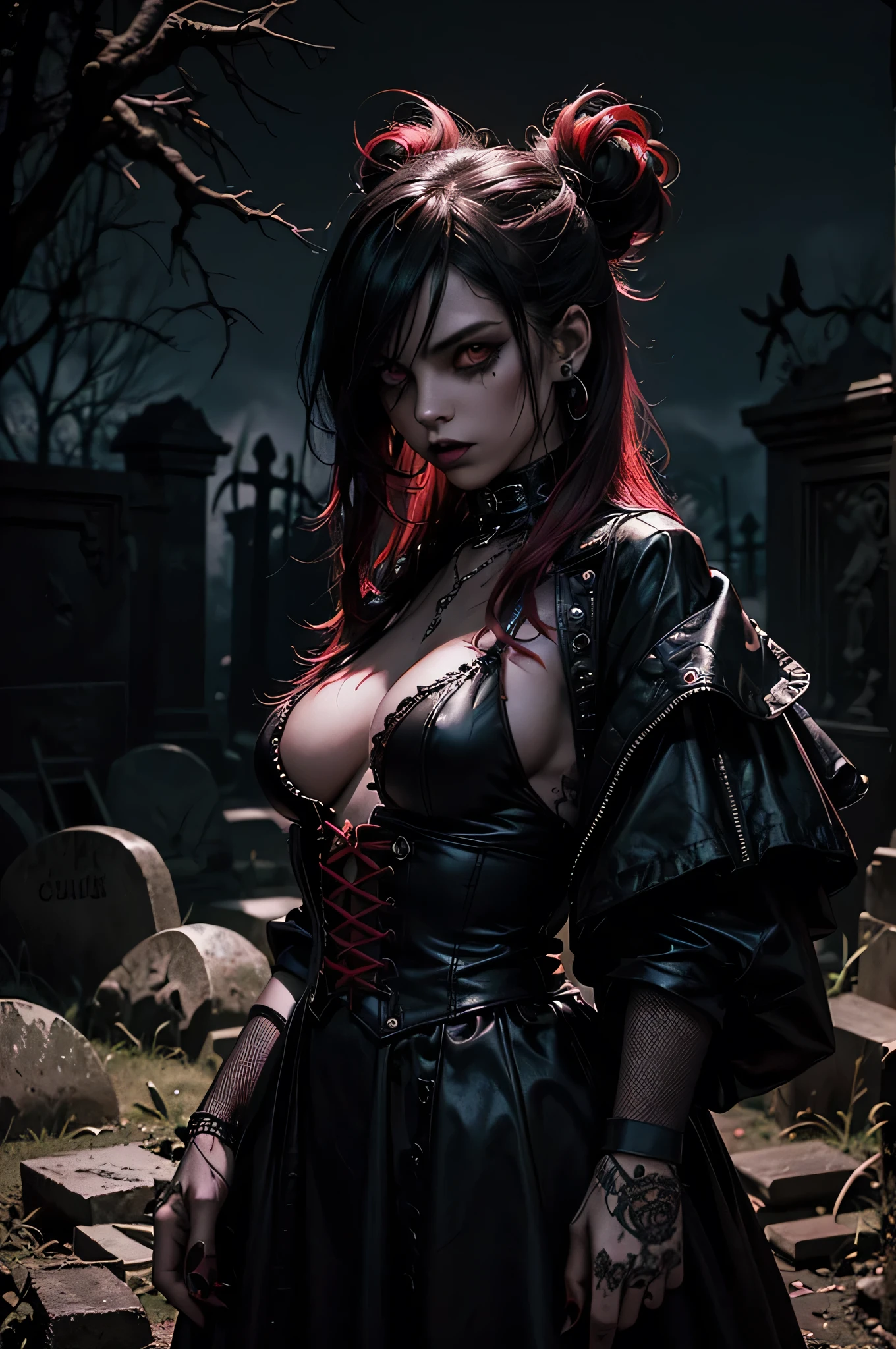 magra horror punk (cabelo moicano) (in a gothic graveyard, crooked graves, deserted, night, red neon lights), (she is wearing fishnets)
(atmosphere is moody, spooky, red, black, shadows, evil, wicked), sexy, bondage, Red light