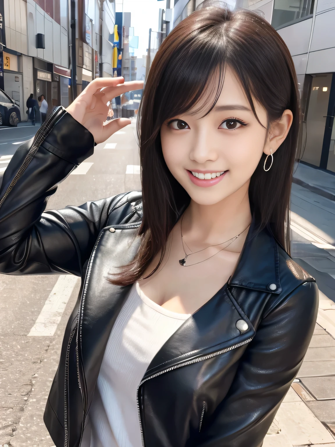Ultra-high resolution, Superior Quality, highest quality, Very detailed, Realistic, 8k, RAW Photos, highest quality, masterpiece, Attractive girl, Awesome girl, Black Hair 、Japanese Idols, Sophisticated, stylish, leather jacket、shirt、smile、Beautiful teeth alignment、ear piercing、Necklace around the neck、