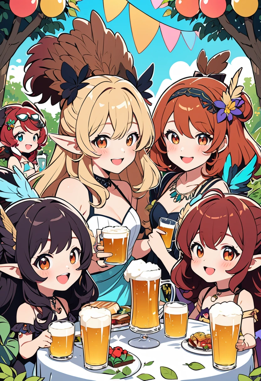 flat color,popart style,(best quality, masterpiece, ultra highres, ultra-detailed:1.2) , top-tier quality, 16K UHD, ((three Harpies)),cute,chibi, brown wings,Harpies having a fun garden party,(beer party),enjoy,happy,depth of field,portrait, 