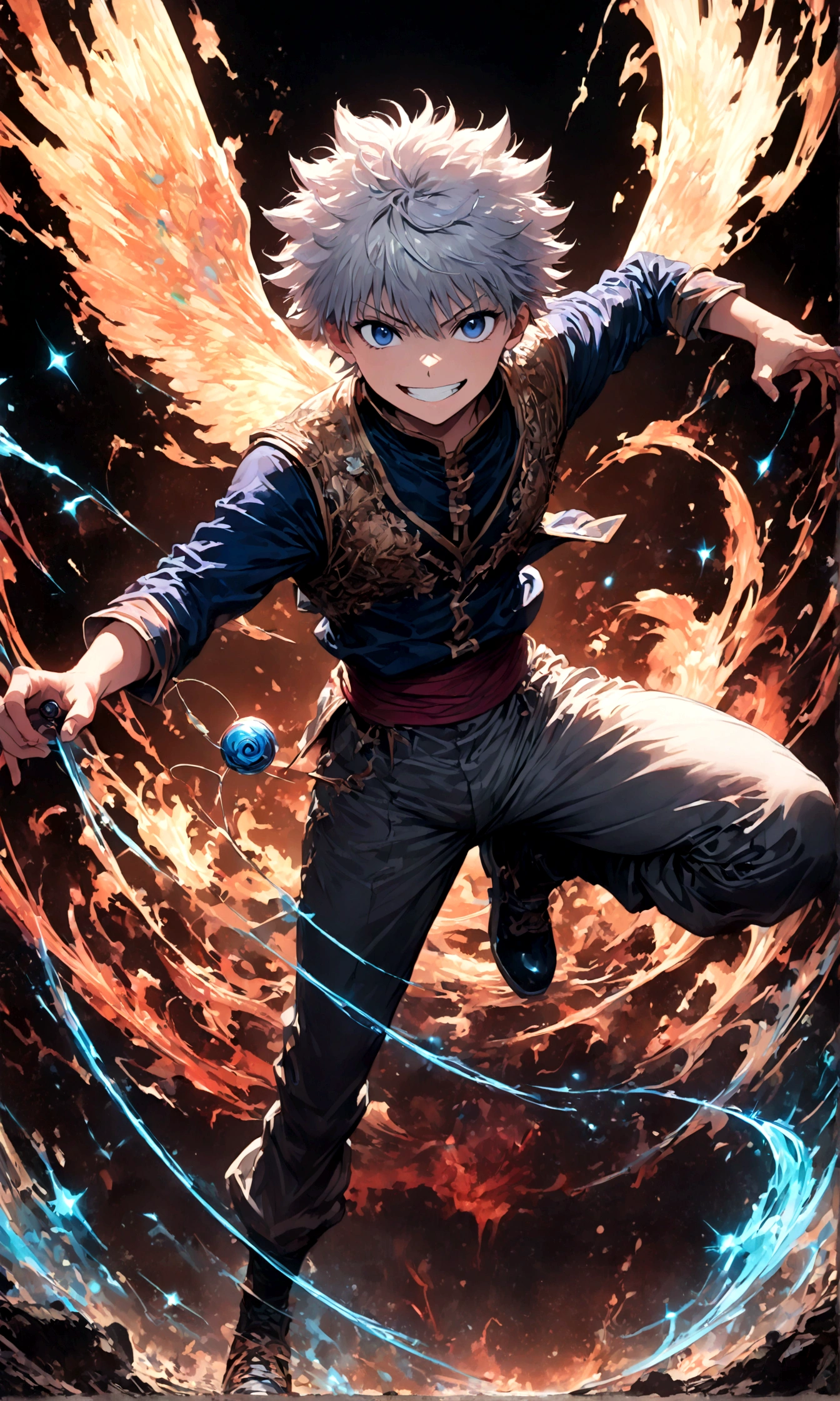 1 teenager,Killua,Hunter x Hunter,Killuaの衣装,Yo-yo,Midori Ishida's painting style,Intricate details,Use black and white as your main colors,Decadent,artwork,rendering,Dynamic pose,(masterpiece:1.3),(highest quality:1.4),(Super detailed:1.5),High resolution,Very detailed,unity 8k wallpaper,Dark fantasy,,Glare,Fighting Style,Crazy Smile