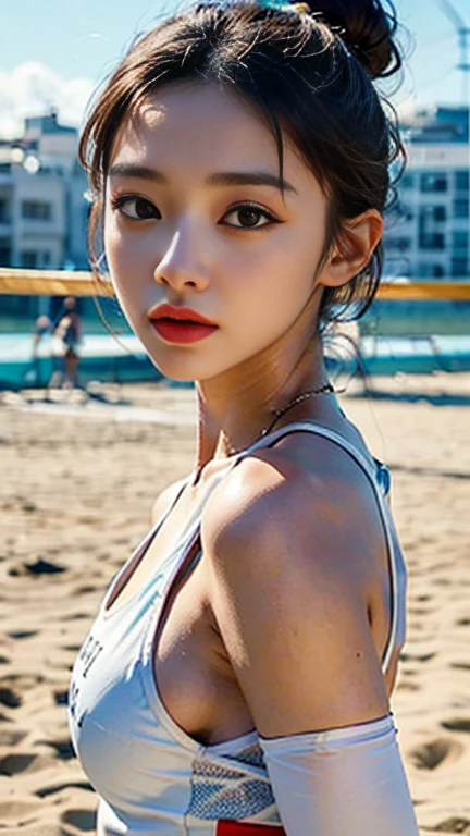 slim asian girl, kpop idol, ((Beach volleyball)), ((top quality, 8K, masterpiece: 1.3)), sharp focus: 1.2, Beautiful woman with perfect body: 1.4, Highly detailed face and skin texture, detailed eyes, thin, beautiful face, symmetrical face, total length, slightly naked, sexy, Partially visible