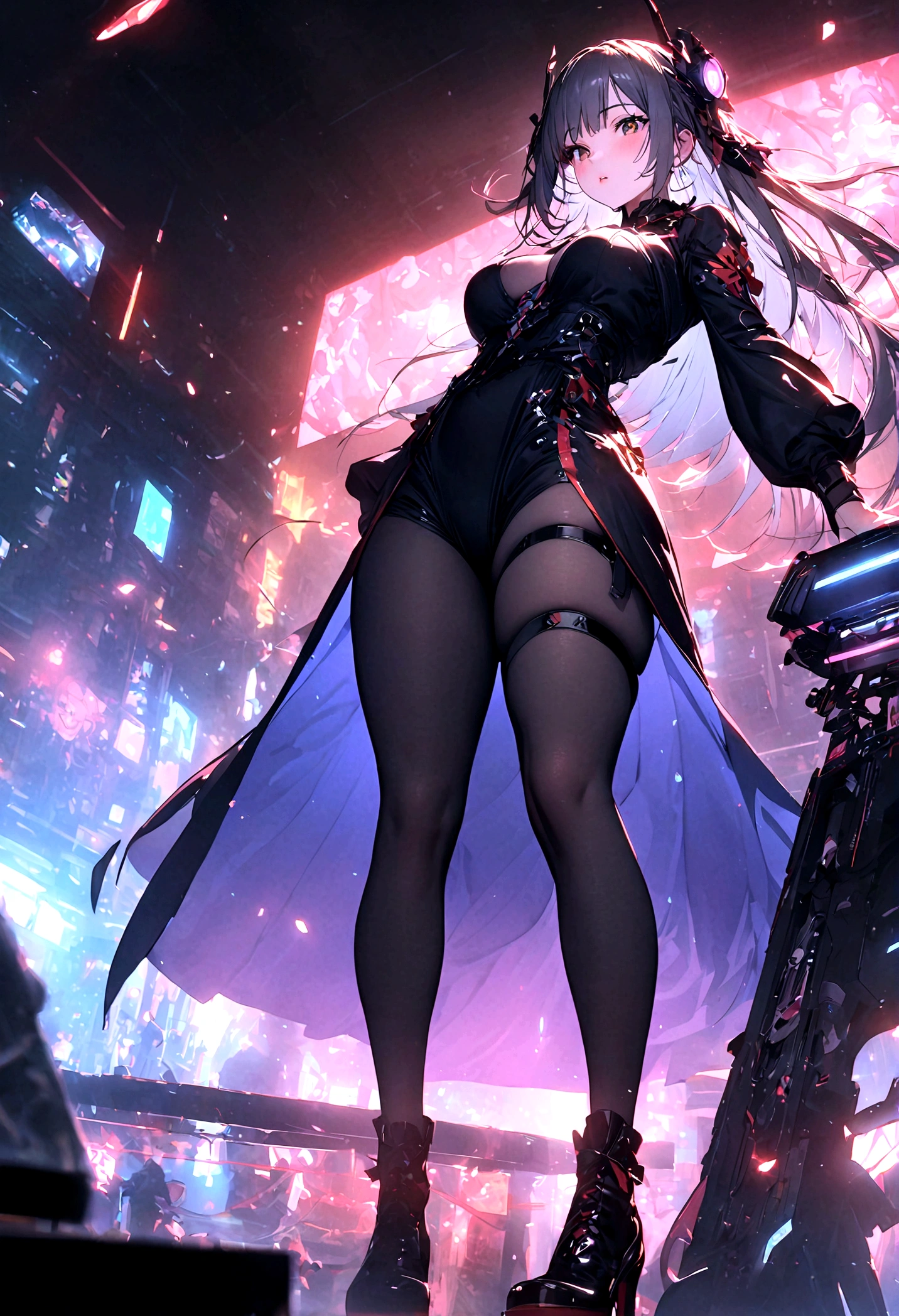 masterpiece,best quality,high resolution, 1 Girl,from below,(The legs are very thin and straight),,(Very long legs,Straight Legs),,Valentino high-heeled shoes,long legs,stand up, Leg length seen from below,White, Perfect body with slim waist,Have perfect legs,(Thin appearance,Aesthetically pleasing),Full Body Love,cyberpunk characters,dynamic poses,Slim waist seen from below,Peachy ripe big buttocks,1 Girl,Exquisite eyes,Brown eyes,Eyeshadow,make up,Long gray hair, Detailed face, delicate eyes, Looking at the audience, blush\(make up\), Plump lips, Red lips,(Long gray hair:1.3), (stand up)Mechanical static,Machine Summoning,(Hair accessories:1.1),Headgear,Chinese clothing,Super short cheongsam,Online Hanfu,White Coat,City,Luminous winding,glowing butterfly,cyberpunk lamp:1.1),Neon,Fully mechanical and futuristic elements,science and technology,背景是一條中國傳統的street,China Town, street, sky sky, cyberpunk characters, Paper lanterns, Neon Super Resolution,(Reality:1.3),1(Slim:1.2),Dramatic Lighting,Vibrant details,Luxury Cyberpunk,Complex background,Octane Rendering,Drawing from a bird's-eye view 8K,極為細緻的CG單元wallpaper, masterpiece,High resolution,top-quality,top-quality real texture skin,Surrealism,提high resolution,RAW photos,Best quality,Very detailed,wallpaper,movie lighting,Ray Tracing,Golden Ratio\),Dynamic angle,Painting explodes, art station, concept art, Smooth, Clear focus,