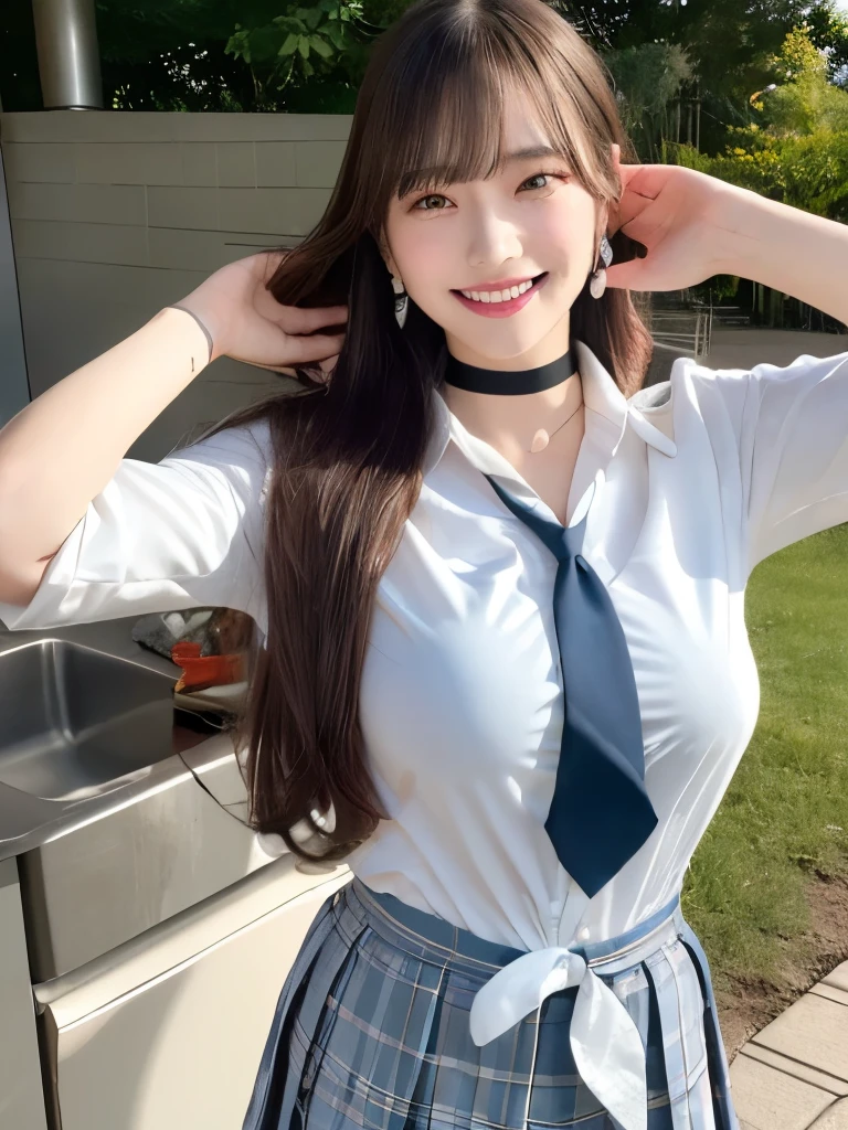 Mix 4, (8k, RAW Photos, highest quality, masterpiece: 1.45), (Realistic, photoRealistic: 1.37), Kitagawa Marine,  (Blonde Hair, Pink gradient hair), ((Long Hair, Sink bangs,Colorful Hair, Red eyes)),Pose like a model,((Raise your arms above your head and strike a bold pose))、Japanese women, ************,high School student、Model Body Type, (Big Breasts:1.1), Narrow waist, Beautiful Face, Beautiful Eyes, , jewelry,Earrings, White shirt, Shirt with tie, Black choker,  Blue tie, Checked skirt,  Grin, smile, Are standing, Cowboy Shot, Outdoor、hight School, 1 girl, alone, Detailed face and eyes, Upper body photo. Realistic, Realistic.MarinGyaru,School_uniform