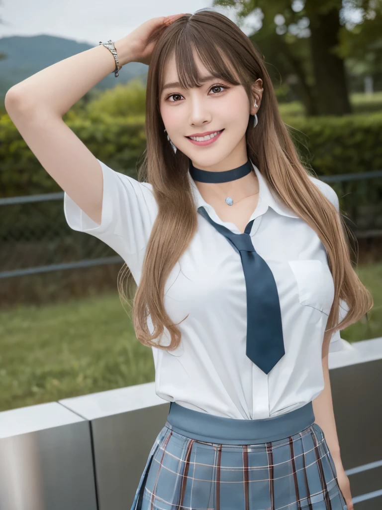 Mix 4, (8k, RAW Photos, highest quality, masterpiece: 1.45), (Realistic, photoRealistic: 1.37), Kitagawa Marine,  (Blonde Hair, Pink gradient hair), ((Long Hair, Sink bangs,Colorful Hair, Red eyes)),Pose like a model,((Raise your arms above your head and strike a bold pose))、Japanese women, ************,high School student、Model Body Type, (Big Breasts:1.1), Narrow waist, Beautiful Face, Beautiful Eyes, , jewelry,Earrings, White shirt, Shirt with tie, Black choker,  Blue tie, Checked skirt,  Grin, smile, Are standing, Cowboy Shot, Outdoor、hight School, 1 girl, alone, Detailed face and eyes, Upper body photo. Realistic, Realistic.MarinGyaru,School_uniform