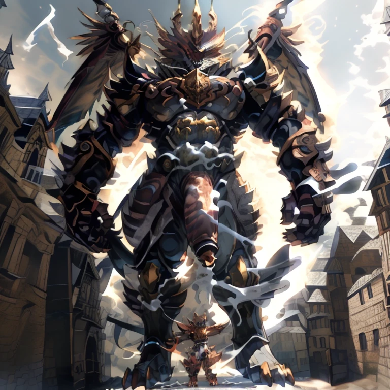 (masterpiece. official art. 8k. best quality. detailed full body. full body.)

(situation 1 : dominating GARO. GARO is over 1000 meters long. focus GIANT mechanical Muscular GARO is trampling the city. Looking down. macro. stomp. Low-angle perspective. emphasizing the immense size.)

(situation 2 :smoke and flames rising from the destruction in the city)

(Additional details 2: (Detailed head. Detailed Body. Detailed abs. gigantic muscles. HYPER MUSCLES. Gigachad Muscular. big muscle. pecs. triceps. traps. unusually developed muscular body. body full of huge muscles. showing off muscles. pectorales enormes. Exaggeratedly huge muscles. huge muscles. long legs.).

(Additional details 3: Spread wings. It has wings. have big wings. The claws are sharp. Sharp teeth.5 toes.).

(Additional details 4: black color hyper penis. hyper black penis. big penis)

(Additional details 5: wearing a full-face helmet. a fantasy-style biomecha armored combat suit. composite layered chest armor, fully enclosed shoulder guards, hero in anime style, perfect body proportions, golden ratio)

(Additional details 6 : Spraying hyper cum up everywhere into the sky from his erect penis. wide spray of cum, covered in cum, cum splashing in front of camera, crowd of naked muscular male spectators, bukkake, City is under a thick later of cum.)