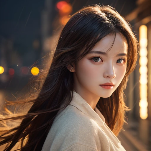 born, Super detailed, Realistic (1.3) Masterpiece portrait of a girl with long hair, Dynamic angle with messy hair, Installed in a world-class theater with superior cinema lighting, Lens flare, Dunhuang-style artistic sense, 8K resolution wallpaper quality, highest quality, Dancing in the Rain