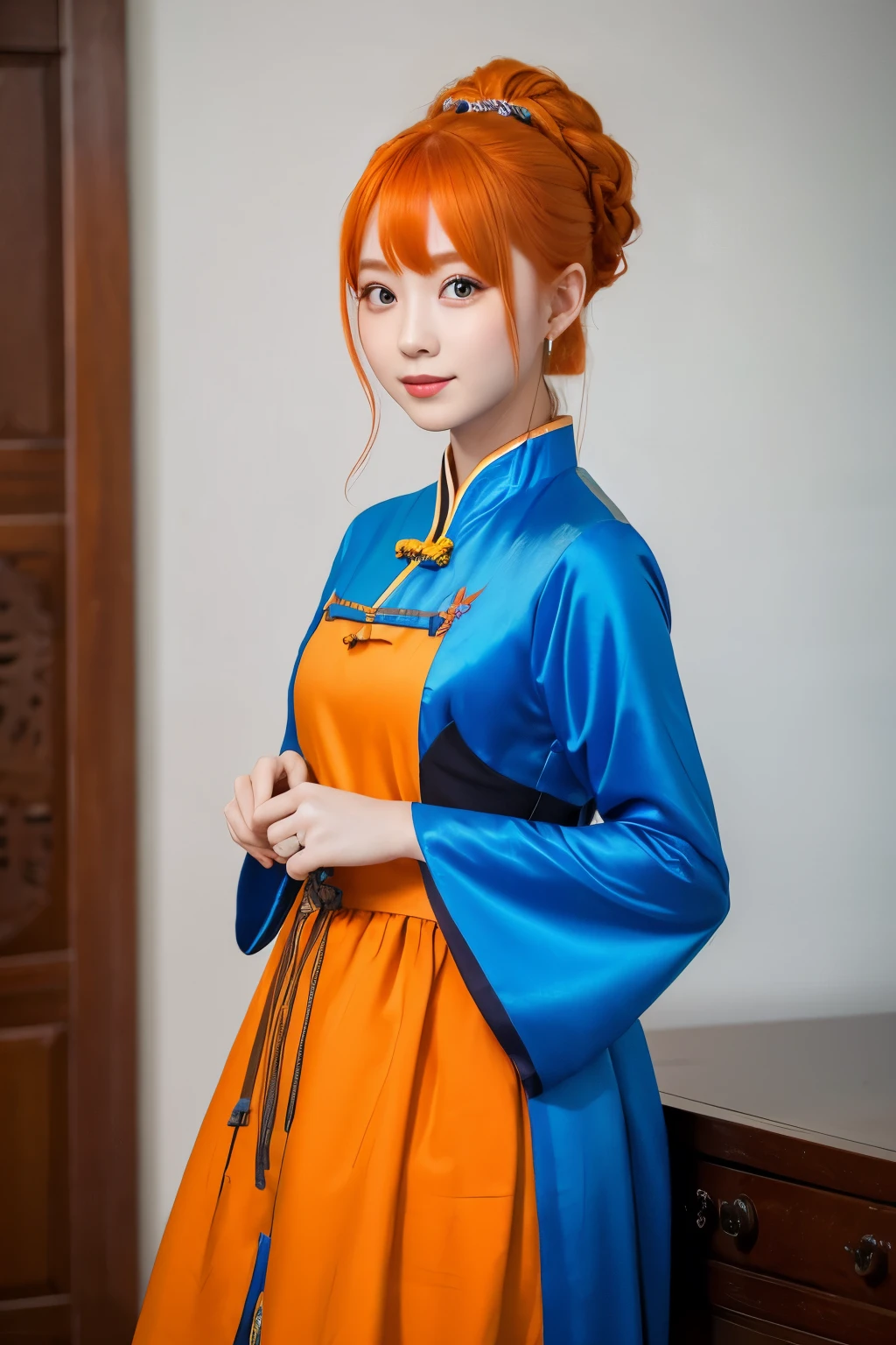「A young woman with orange hair is wearing a blue Chinese dress。She is posing、I'm on my knees with my hands out in front of me。Hair tied up in a bun、Decorated with a white ribbon。She is wearing black stockings、On her feet she wears white shoes。The background is a simple solid color。」