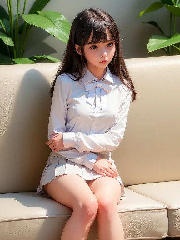 (masterpiece、highest quality:1.7)、13 years old、(Full body shot:1.5)、((Bobcut))、Black Hair、85mm、16K、Official Art、RAW Photos、Best Beautiful Faces、Close-up、Violet、Gardenia、The best beautiful girl、very cute、Red blush on cheeks、indoor、(Sit on the couch:1.8)、Film Grain、Chromatic Aberration、Sharp Focus、(((Nice hands、Perfect hands、Perfect Fingers、A perfect body without flaws)))、Detailed face、(Slender body:1.5)、(Slender body:1.2)、(Small breasts:1.9)、(Let your bangs hang down:1.8)、(Blushing:1.8)、(Low contrast lighting:1.2)、(White tight business blouse with collar:1.5)、(White bow tie blouse:1.3)、(Long sleeve: 1.3)、(White pleated mini skirt:1.5)、(White School Socks:1.5)、(Mouth wide open:1.5)、(Eyes closed:1.5),(Hold your arms over your chest:1.5)