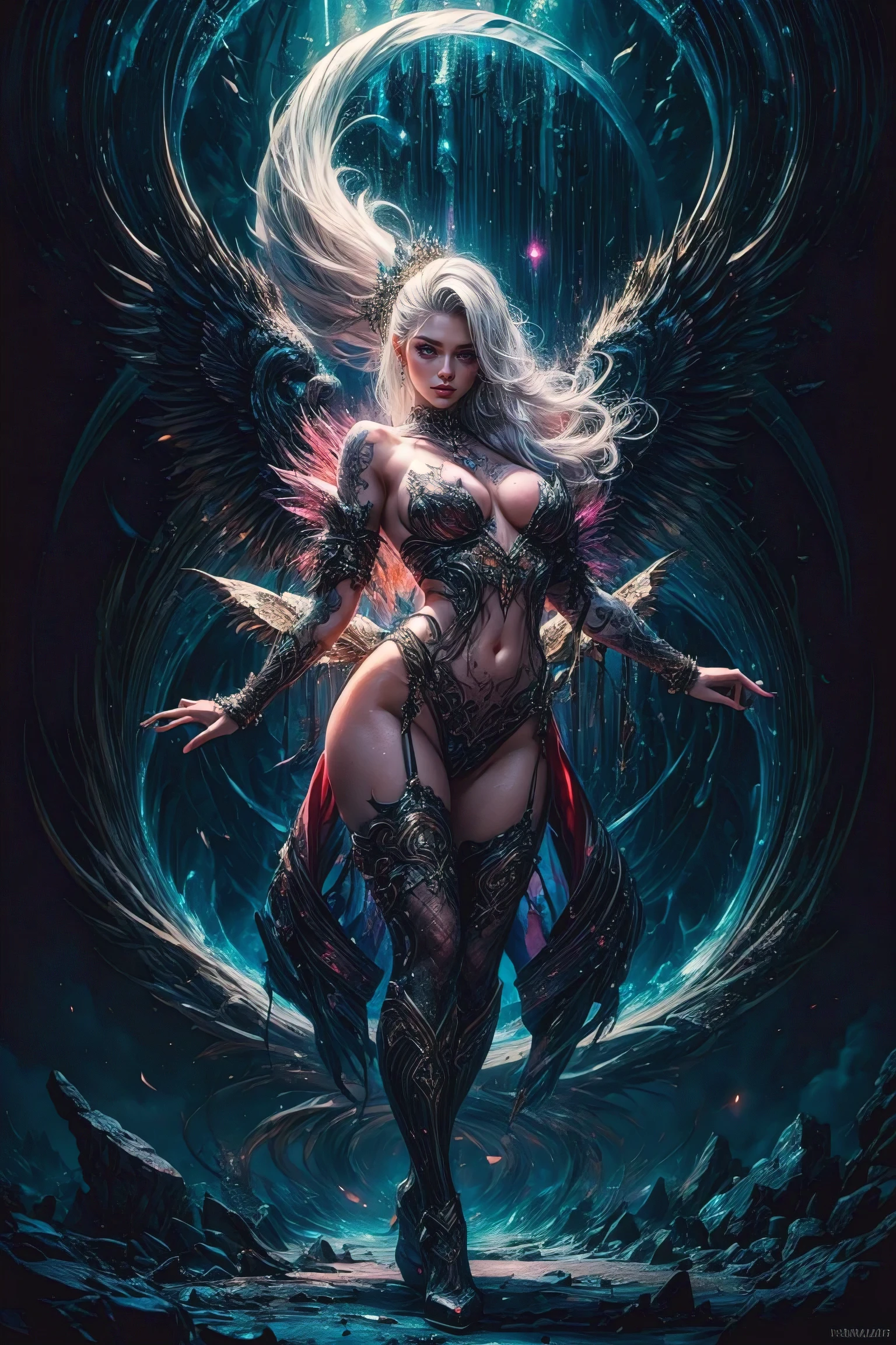 perfect face, perfect body, full body, colorful design , Aurora, mythical, fatal seduction, erotic pose, pore white hair, , big eyes, body covered with tattoo, red lips, erotic, dark light, glowing light
