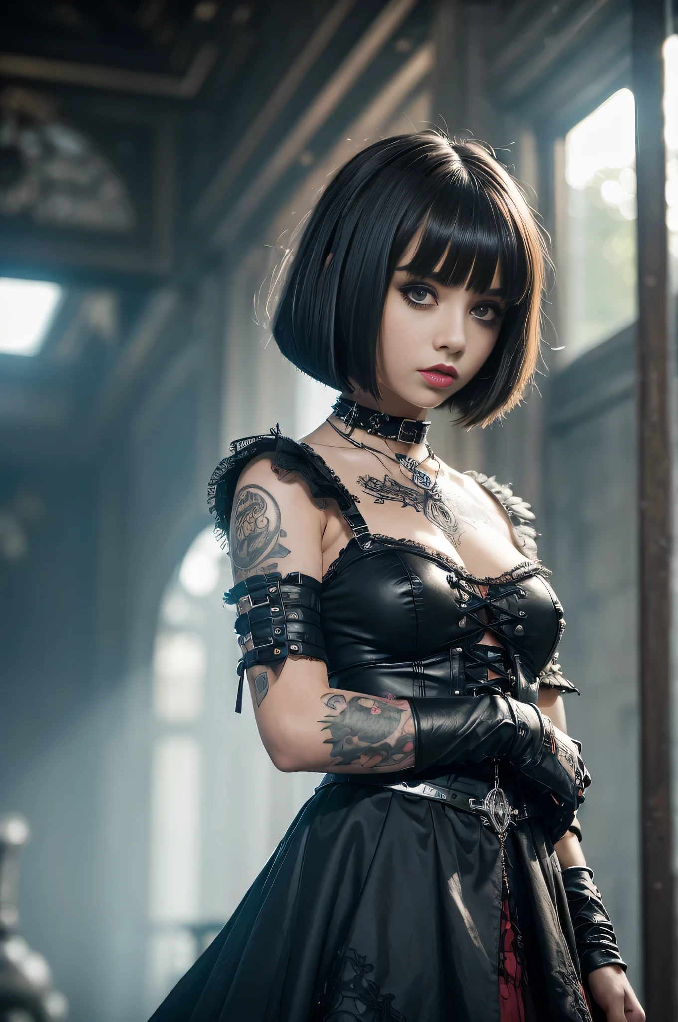 (((Top Quality: 1.4))),(Unparalleled Masterpiece), (Ultra High Definition),(Ultra-Realistic 8k CG),art by Luis Royo,
18-year-old, (Mary Maylin), gothic punk girl, detailed cute face, black hair, gothic punk fashion, highly detailed gothic fashion, short skirt, heavy make up, black and red hair, (Tattoos on the arms only).
(dark red lipstick), size.
London mansion background, Back light effect, lens flare, depth of fields, blurry background, Detailed face,1 girl, Cygnus, Detailed eyes,(bob cut hair:1.5), hair bangs,