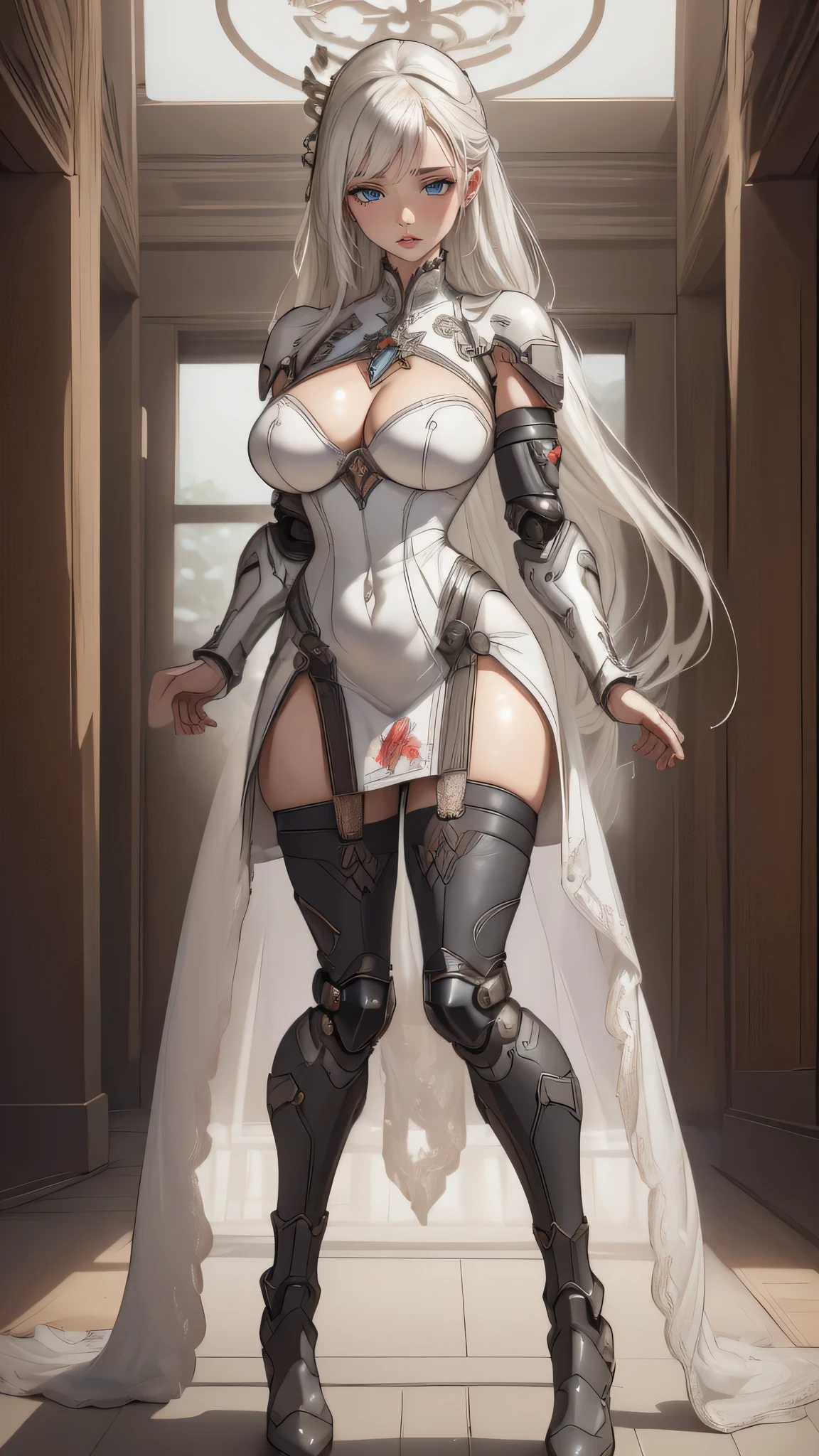 (dynamic fighting pose),(leather boots,(asymmetrical mecha armor),(long embroidered white lace dress,see through,lift up the hem of the dress)),(random hairstyle),(Thin type:1.8),(large breasts),(Highest image quality,(8K), Ultra-realistic, Best Quality, High quality, High Definition, high quality texture, high detailing, Beautiful detailed, fine detailed, extremely details CG, Detailed texture, realistic representation of face, masterpiece, presence)