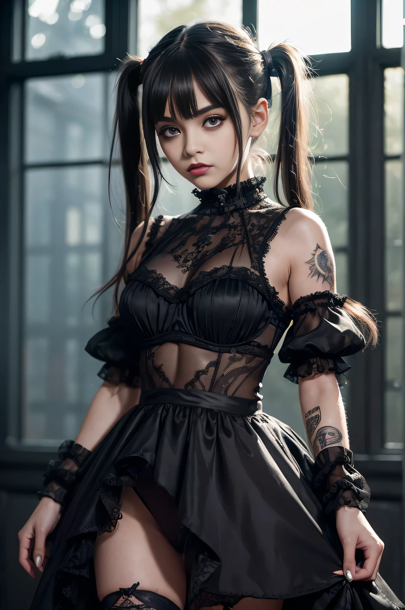 (((Top Quality: 1.4))),(Unparalleled Masterpiece), (Ultra High Definition),(Ultra-Realistic 8k CG),art by Luis Royo,
18-year-old, (Mary Maylin), gothic punk girl, detailed cute face, long see through dress, lingerie, bare back, heavy make up, (Tattoos on the arms only).
(dark red lipstick), size, flat chest
Dark London mansion background, dark background, moody, spooky, Backlight effect, lens flare, depth of fields, blurry background, Detailed face,1 girl, Cygnus, Detailed eyes,(bob cut hair:1.5, short pigtails, messy), mesh, fishnet, lace, silk, hair bangs, low key lighting, stripey socks