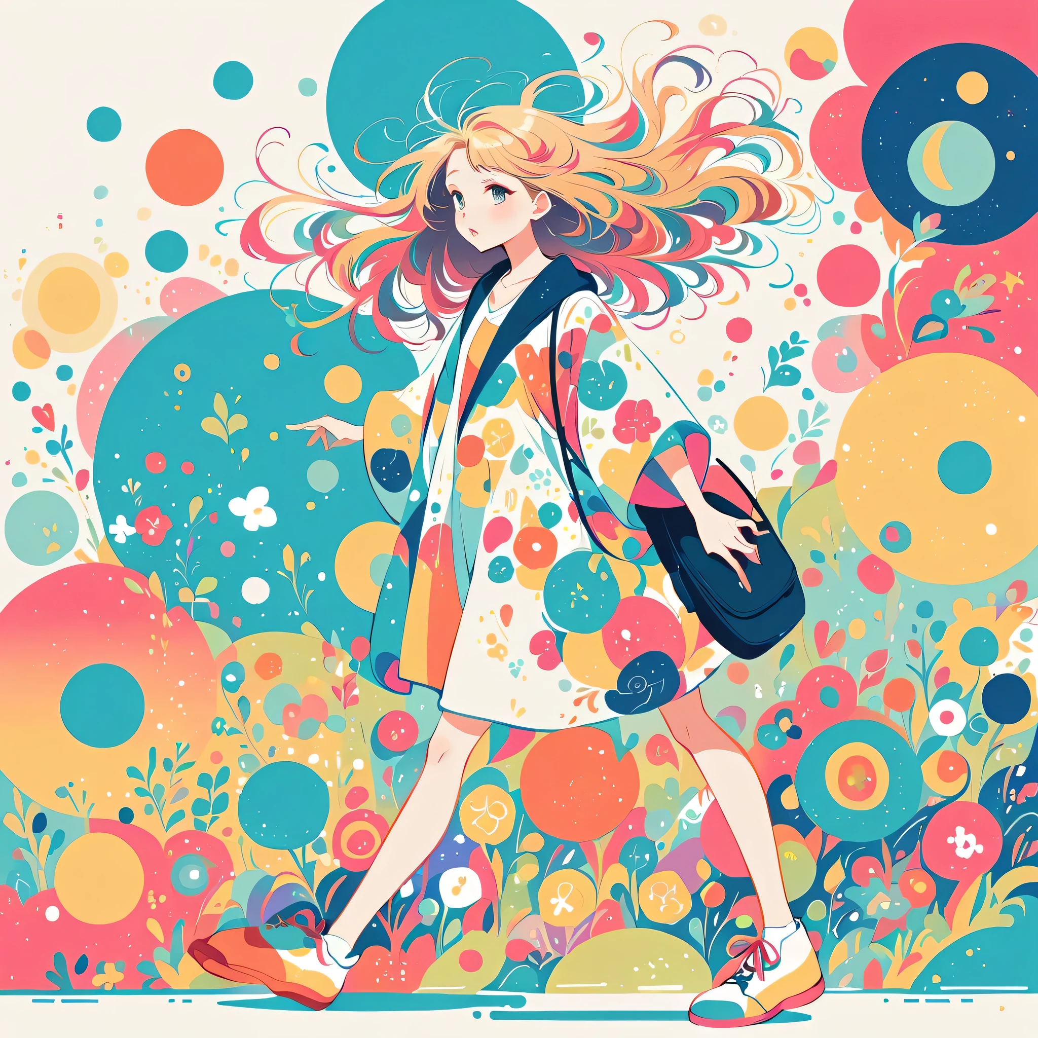Takashi Murakami style、The most beautiful girl of all time、Lips in Love、Colorful flowers、Simple line initials、Abstract art、Urban Background, walking