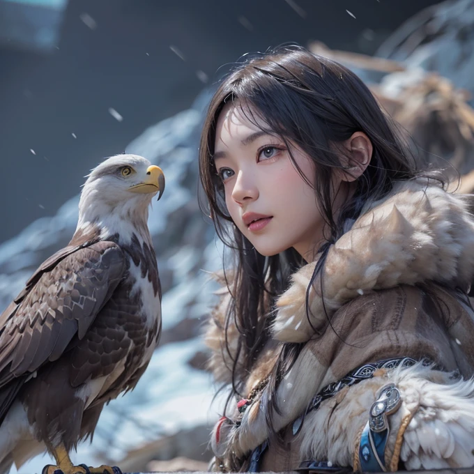 Hiding in the snowy mountains、Hair flow、 ((highest quality、masterpiece、8k、Best image quality、Ultra-high resolution、Award-winning works)、(Accurate anatomy:1.1)、(Look at me and smile:1.1)、Shining fair skin with Ultra-high resolution、The most detailed face、Ultra-high resolution detailed face、Ultra-high resolutionの髪の毛、(Ultra-high resolutionの煌めく瞳:1.1)、Beautiful face drawn in every detail、(Blurred Background:1.1)、Ancient Inuit clothing, Chest to chest, tattoo, Old ruins in the background、Apart from the real giant eagle