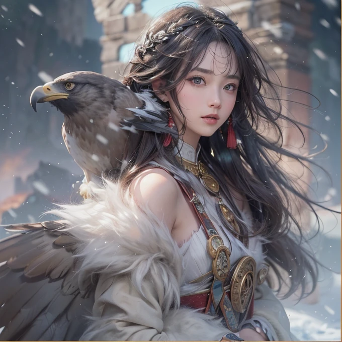 Hiding in the snowy mountains、Hair flow、 ((highest quality、masterpiece、8k、Best image quality、Ultra-high resolution、Award-winning works)、(Accurate anatomy:1.1)、(Look at me and smile:1.1)、Shining fair skin with Ultra-high resolution、The most detailed face、Ultra-high resolution detailed face、Ultra-high resolutionの髪の毛、(Ultra-high resolutionの煌めく瞳:1.1)、Beautiful face drawn in every detail、(Blurred Background:1.1)、Ancient Inuit clothing, Chest to chest, tattoo, Old ruins in the background、Apart from the real giant eagle