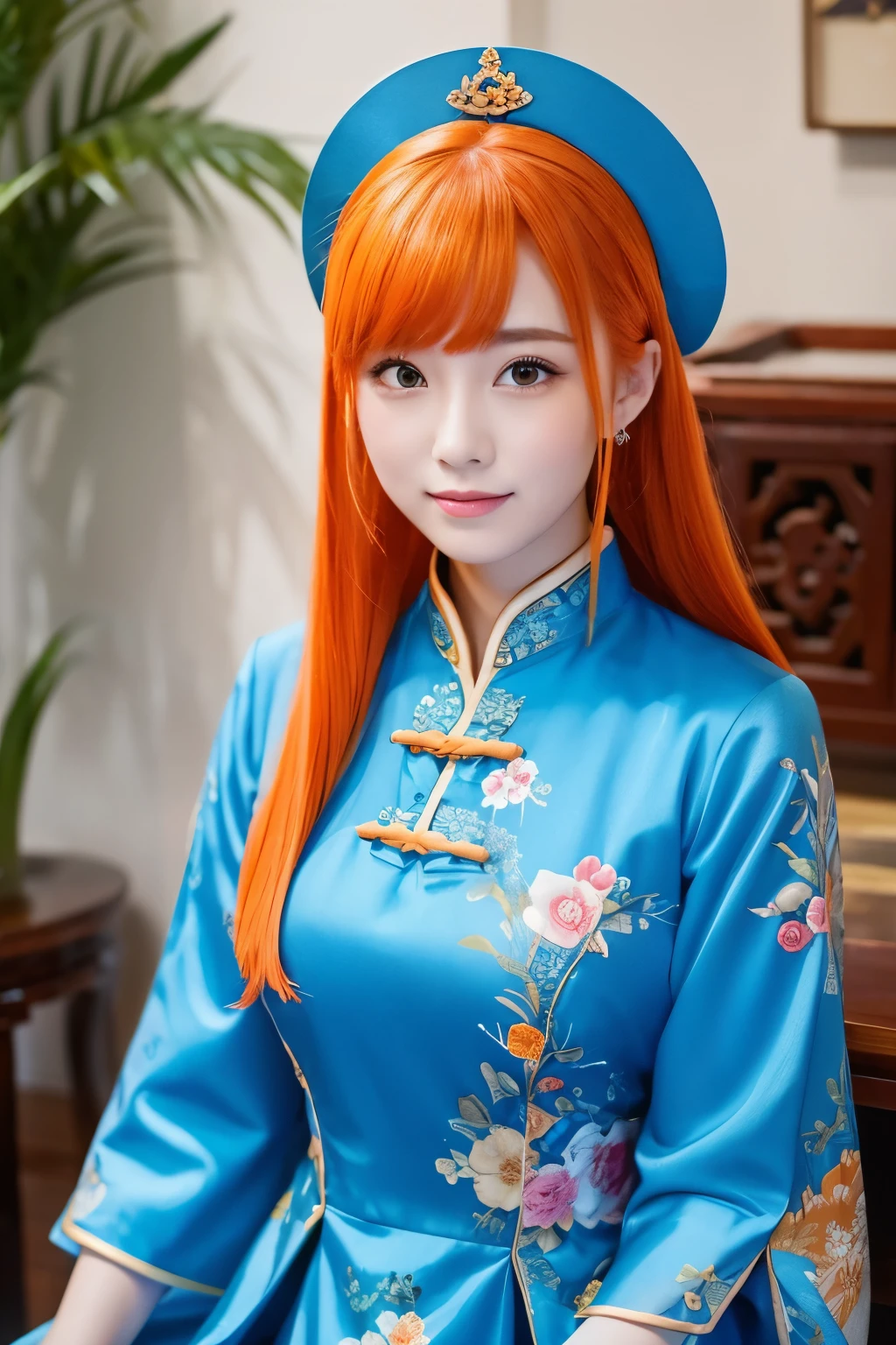 「A young woman with orange hair is wearing a blue Chinese dress。She is posing、I&#39;m on my knees with my hands out in front of me。Hair tied up in a bun、Decorated with a white ribbon。She is wearing black stockings、On her feet she wears white shoes。The background is a simple solid color。」