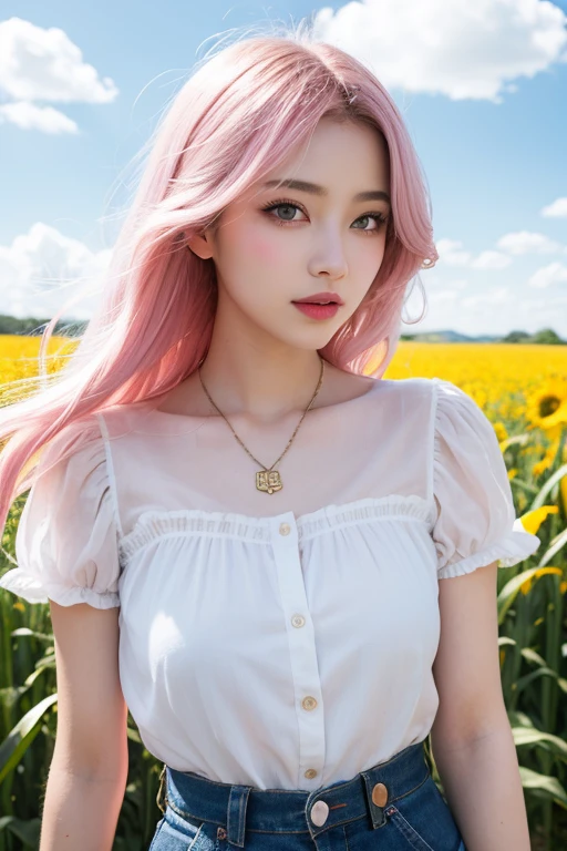 Light pink hair, Pink Eyes, Pink and white, Clouds in the blue sky, Vibrant colors, steampunk, blouse white、Paint Splash, Corn field,  Wavy long hair、