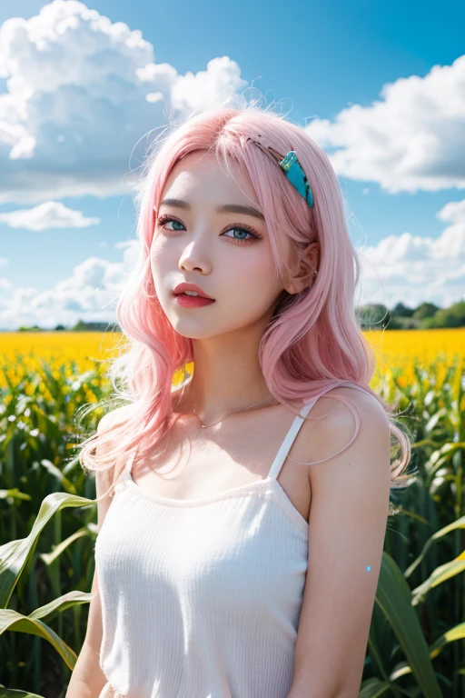 Light pink hair, Pink Eyes, Pink and white, Clouds in the blue sky, Vibrant colors, steampunk, blouse white、Paint Splash, Corn field, Wavy long hair、