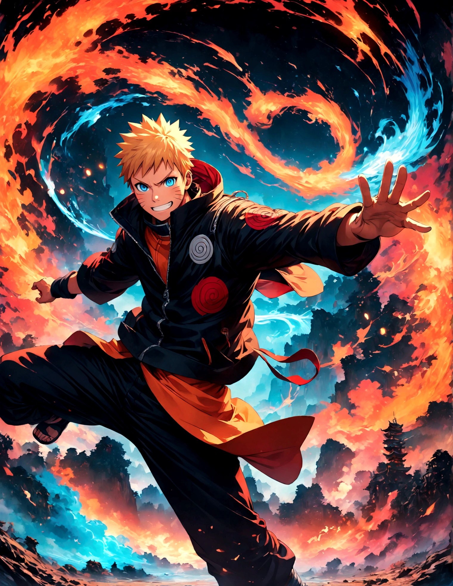 (1 teenager,uzumaki naruto),comics『Naruto』character,Focus on boys,Scroll to expand,Use of magic,Fighting Style,Sarcastic smile,Magical Effects,Intricate details,Wide range of colors,artwork,rendering,(masterpiece:1.3),(highest quality:1.4),(Very detailed:1.5),High resolution,Very detailed,unity 8k wallpaper,Enjoy the fight,