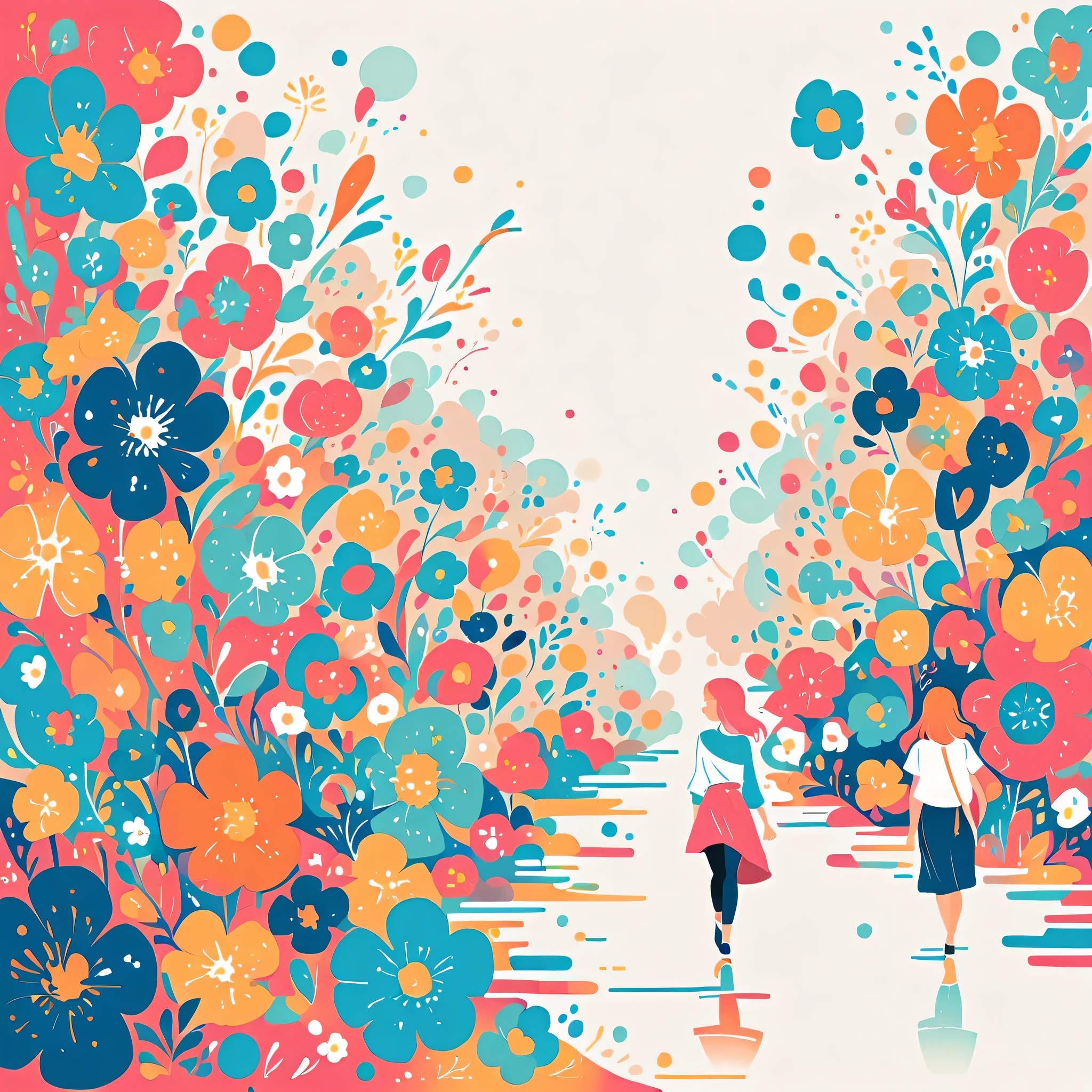 Takashi Murakami style、The most beautiful girl of all time、Lips in Love、Colorful flowers、Simple line initials、Abstract art、Urban Background, walking