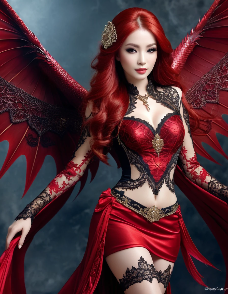 Sublime harpie asiatique belle et sensuelle, very long flamboyant red hair very detailed, jambes longues et sublime, romantique et sensuelle, futuriste, sublime poitrine effet push-up, very thin waist, abdominaux légèrement dessinés, fine detailed lace with gothic fractal patterns, light short skirt, (deux sublimes et charmantes petites ailes de dragon), ((hyperRéaliste, masterpiece, superior quality, high resolution, Extremely detailed)), ((highly detailed CG unified 8K wallpaper)), visage Extremely detailed beauté sublime, (light smile drawn on her luscious lips, me regarde, vole vers moi, plan large)