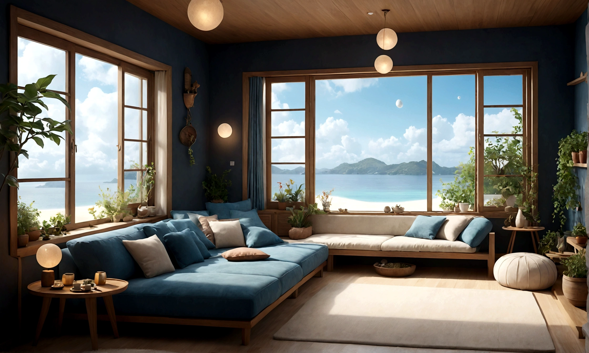 midnight、Living room on the second floor of a fantasy seaside house、Fantasy retro modern furniture、Handmade cushions on the sofa、Soft and warm lighting、Herbs are displayed on the windowsill、There is a window with a view of the sea and the sky.、There is no one around, and the white sand beach and the beautiful sea and sky、There are no other buildings and it is quiet.。It's stylish and has a fantasy feel.、Fairy dust floating in the air、Mysterious spheres of light flying around、The overall atmosphere is dreamy and tranquil.。Different world、Different dimension、Very realistic、Realistic、Surreal、masterpiece、highest quality、High resolution、8K、3D Rendering、Depth of written boundary