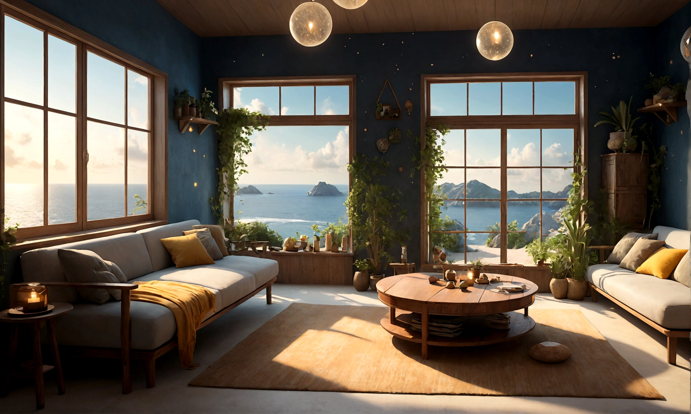 midnight、Living room on the second floor of a fantasy seaside house、Fantasy retro modern furniture、Handmade cushions on the sofa、Soft and warm lighting、Herbs are displayed on the windowsill、There is a window with a view of the sea and the sky.、There is no one around, and the white sand beach and the beautiful sea and sky、There are no other buildings and it is quiet.。It's stylish and has a fantasy feel.、Fairy dust floating in the air、Mysterious spheres of light flying around、The overall atmosphere is dreamy and tranquil.。Different world、Different dimension、Very realistic、Realistic、Surreal、masterpiece、highest quality、High resolution、8K、3D Rendering、Depth of written boundary