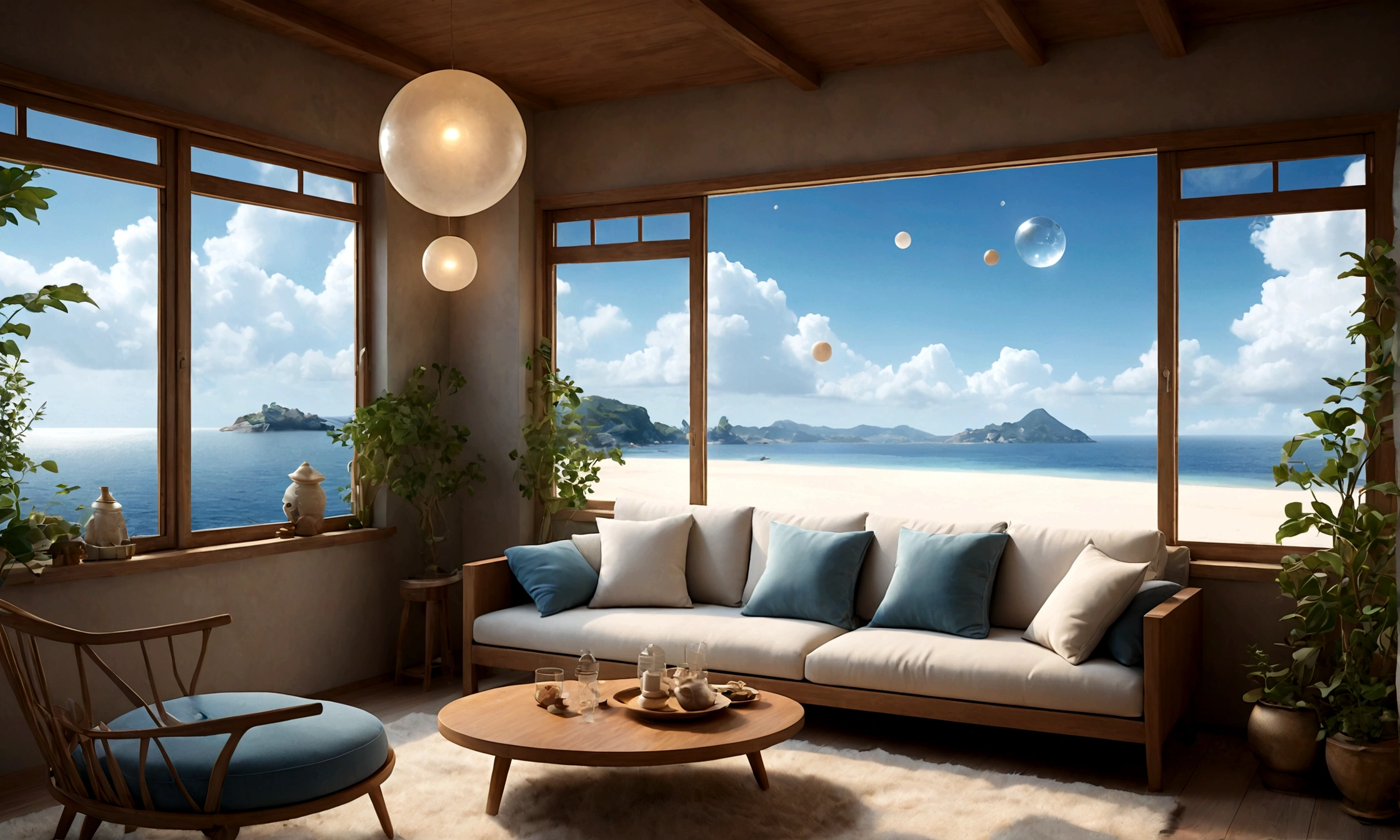 midnight、Living room on the second floor of a fantasy seaside house、Fantasy retro modern furniture、Handmade cushions on the sofa、Soft and warm lighting、Herbs are displayed on the windowsill、There is a window with a view of the sea and the sky.、There is no one around, and the white sand beach and the beautiful sea and sky、There are no other buildings and it is quiet.。It's stylish and has a fantasy feel.、Fairy dust floating in the air、Mysterious spheres of light flying around、The overall atmosphere is dreamy and tranquil.。Different world、Different dimension、Very realistic、Realistic、Surreal、masterpiece、highest quality、High resolution、8K、3D Rendering、Depth of written boundary