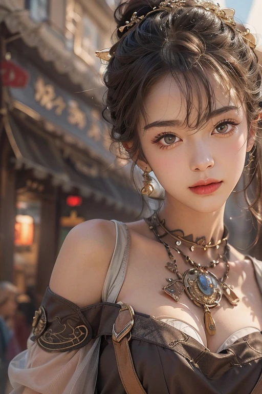 (masterpiece:1.3), (8k, Realistic, RAW Photos, Best image quality: 1.4), Japanese 、18-year-old,(Random Hairstyles:1.2)、Cleavage:1.2、Highly detailed face、Attention to detail、double eyelid、Chest to chest、Sharp focus:1.2、Beautiful woman:1.4、Light brown hair、highest quality、masterpiece、超A high resolution、(Realistic:1.4)、Highly detailed and professionally lit smiles、Loose fitting steampunk outfit、Shoulders out、thin、Serious expression、Holding a gorgeous necklace in her right hand, In the city、Eat dinner