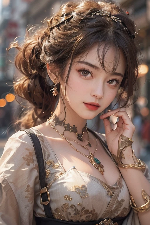 (masterpiece:1.3), (8k, Realistic, RAW Photos, Best image quality: 1.4), Japanese 、18-year-old,(Random Hairstyles:1.2)、Cleavage:1.2、Highly detailed face、Attention to detail、double eyelid、Chest to chest、Sharp focus:1.2、Beautiful woman:1.4、Light brown hair、highest quality、masterpiece、超A high resolution、(Realistic:1.4)、Highly detailed and professionally lit smiles、Loose fitting steampunk outfit、Shoulders out、thin、Serious expression、Holding a gorgeous necklace in her right hand, In the city、Eat dinner