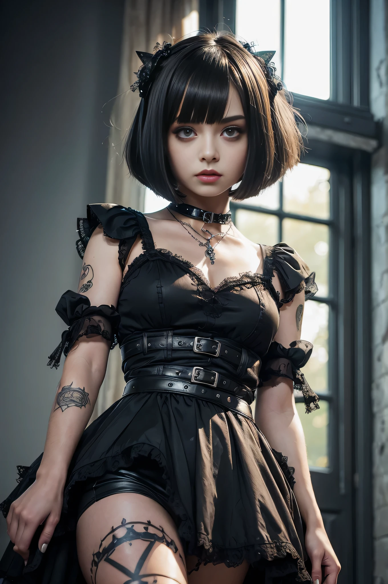 (((Top Quality: 1.4))),(Unparalleled Masterpiece), (Ultra High Definition),(Ultra-Realistic 8k CG),art by Luis Royo,
18-year-old, (Mary Maylin), gothic punk girl, detailed cute face, black hair, gothic punk fashion, highly detailed gothic fashion, short skirt, heavy make up, black and red hair, (Tattoos on the arms only).
(dark red lipstick), size.
London mansion background, Back light effect, lens flare, depth of fields, blurry background, Detailed face,1 girl, Cygnus, Detailed eyes,(bob cut hair:1.5), pigtails, mesh, hair bangs,