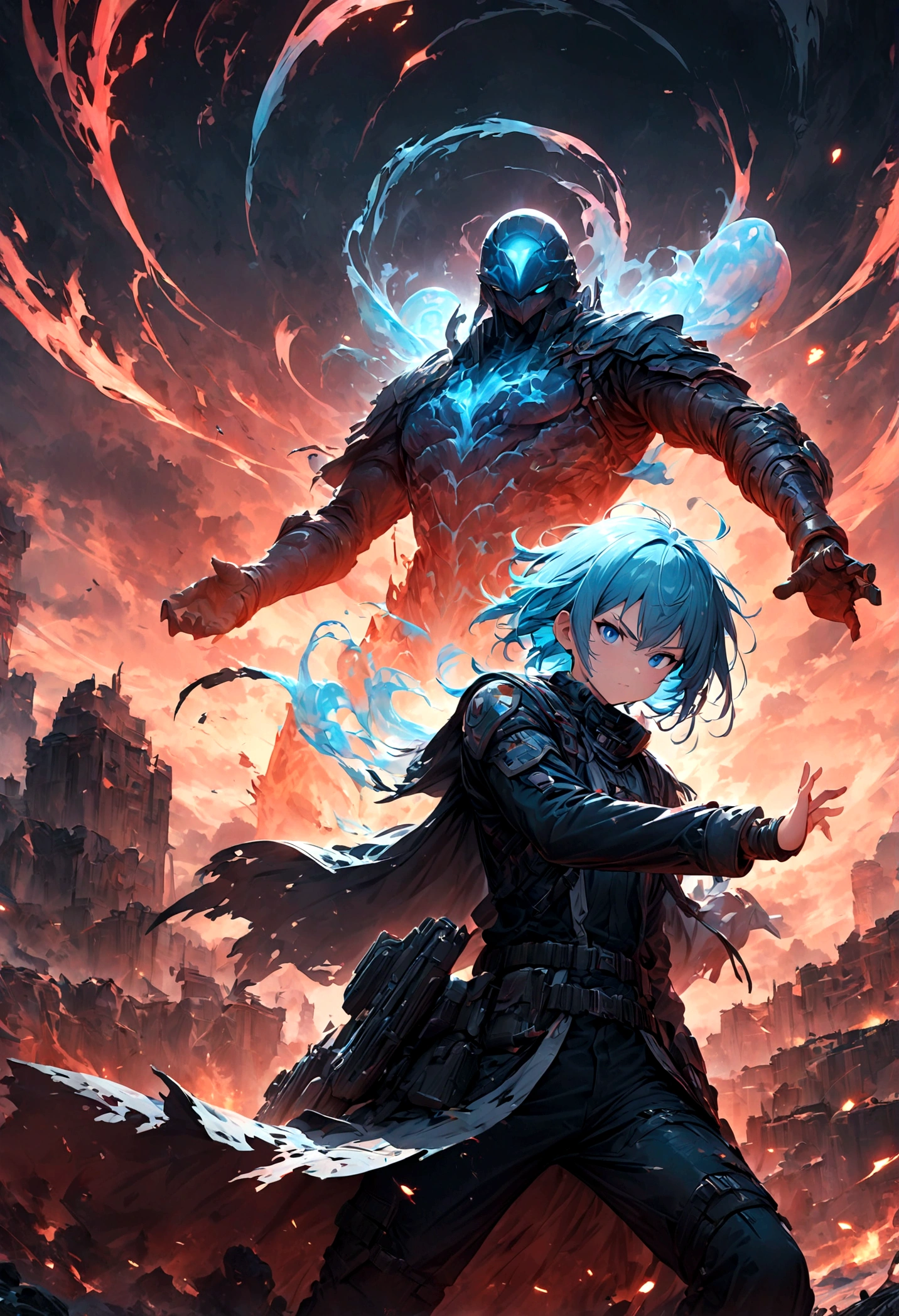 rimuru tempest,Create an action-packed battle scene featuring rimuru tempest from the manga and anime 'That Time I Got Reincarnated as a Slime'. Rimuru has blue hair and blue eyes, He wears stylish combat gear, such as a black coat and boots.. Capturing him in a dynamic fighting pose, You may cast powerful spells or face enemies., With a look of confidence and determination. The background depicts a magnificent battlefield from a fantasy world., Filled with magical effects and war-torn landscapes. Include intense special effects such as light explosions, Energy Wave, And the wind accentuates his magical powers. Highlighting his aura and shapeshifting abilities, Body parts that show slime form. The scene must convey the intensity and drama of an epic battle..,(masterpiece:1.3),(highest quality:1.4),(Super detailed:1.5),High resolution,Very detailed,unity 8k wallpaper,
