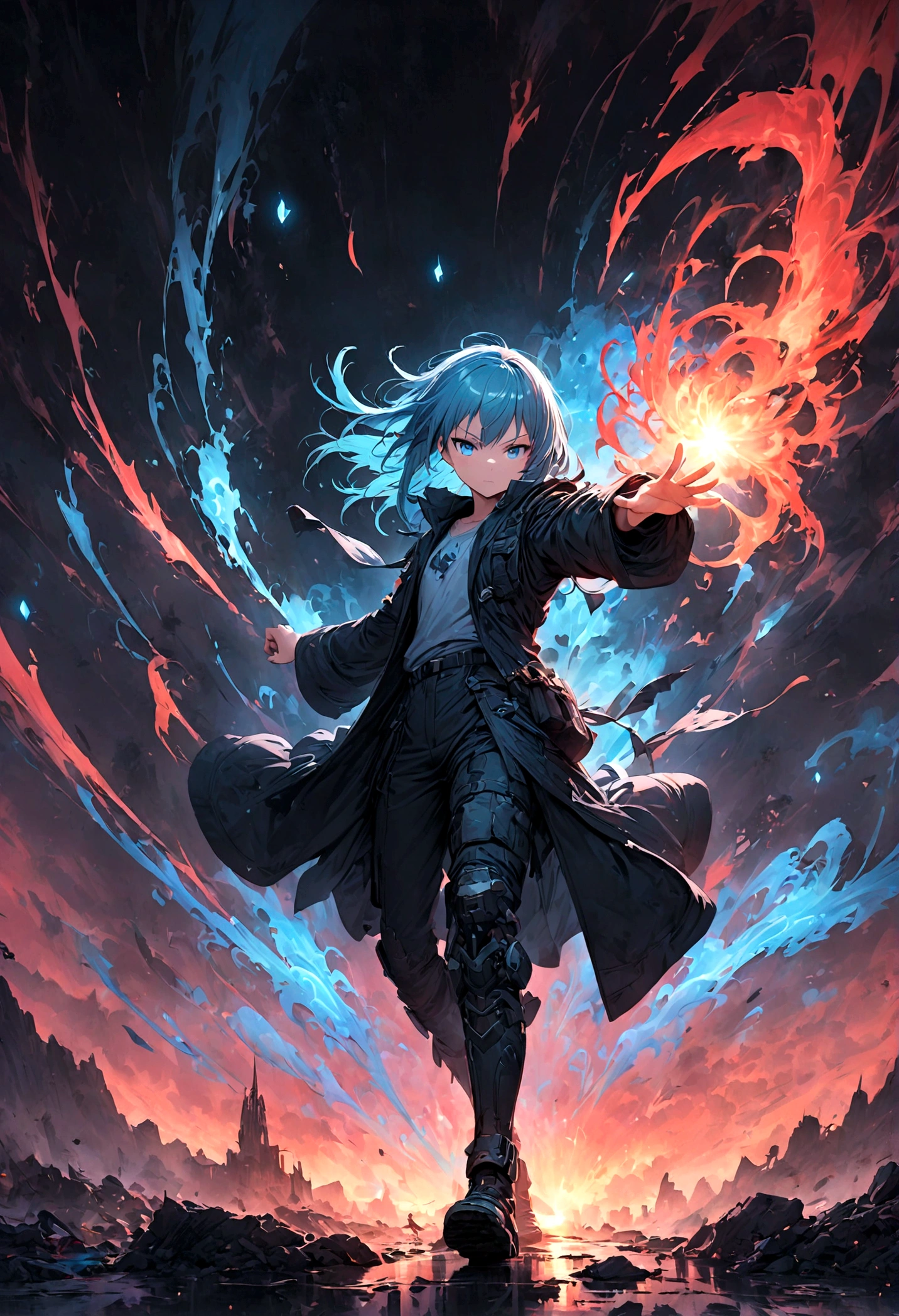 rimuru tempest,Create an action-packed battle scene featuring rimuru tempest from the manga and anime 'That Time I Got Reincarnated as a Slime'. Rimuru has blue hair and blue eyes, He wears stylish combat gear, such as a black coat and boots.. Capturing him in a dynamic fighting pose, You may cast powerful spells or face enemies., With a look of confidence and determination. The background depicts a magnificent battlefield from a fantasy world., Filled with magical effects and war-torn landscapes. Include intense special effects such as light explosions, Energy Wave, And the wind accentuates his magical powers. Highlighting his aura and shapeshifting abilities, Body parts that show slime form. The scene must convey the intensity and drama of an epic battle..,(masterpiece:1.3),(highest quality:1.4),(Super detailed:1.5),High resolution,Very detailed,unity 8k wallpaper,