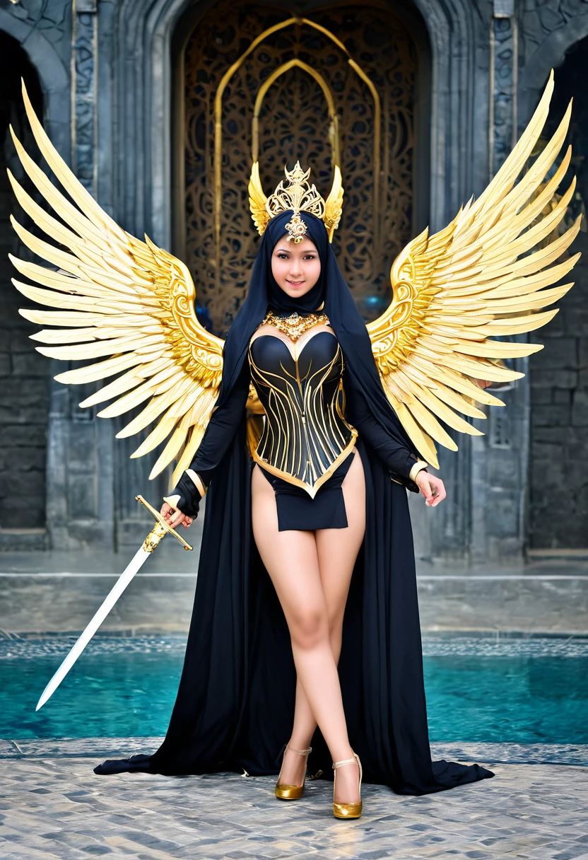 Indonesia cute teen girls,with wings and a sword, wearing(dark) hijab,showing huge breast,((take Sword)), (wearing gold wing crown), ((Wing-shaped gold ornament on the head)),as a mystical valkyrie, anime cosplay, glamourous cosplay, with fiery golden wings, cosplay, waiting style, perfect makeup, perfect face, beautiful face, beautiful body, beautiful ass, closed legs, ((castle background)), (flying body:1.0), (jewels:1.2), (Emitting light), (flying flowers:1.0), above clear water, of heaven.