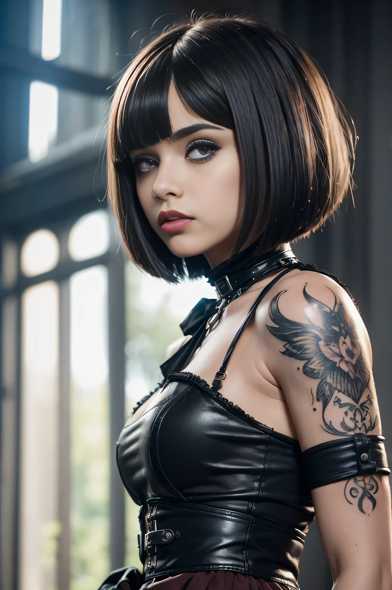 (((Top Quality: 1.4))),(Unparalleled Masterpiece), (Ultra High Definition),(Ultra-Realistic 8k CG),art by Luis Royo,
18-year-old, (Mary Maylin), gothic punk girl, detailed cute face, black hair, gothic punk fashion, highly detailed gothic fashion, short skirt, heavy make up, black and red hair, (Tattoos on the arms only).
(dark red lipstick), size.
London mansion background, Back light effect, lens flare, depth of fields, blurry background, Detailed face,1 girl, Cygnus, Detailed eyes,(bob cut hair:1.5), hair bangs,