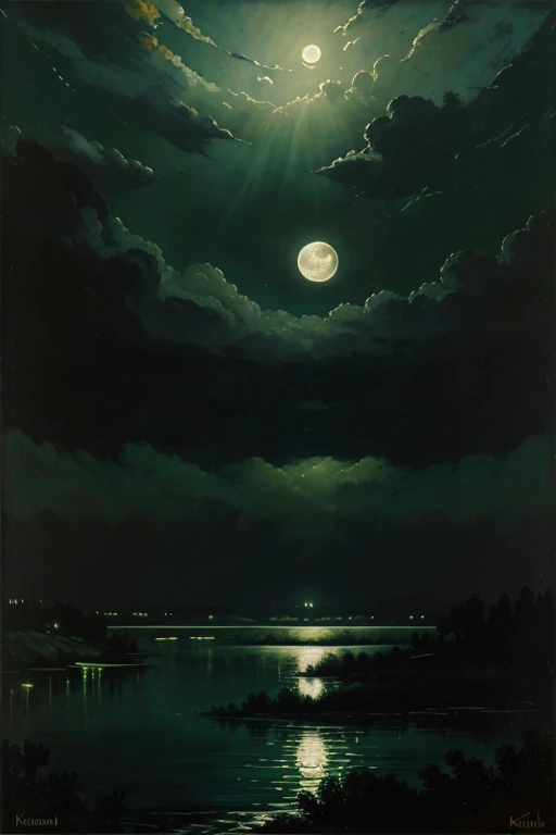 Night green sky with the moon and ominous clouds over the river, oil painting by kuindzhi