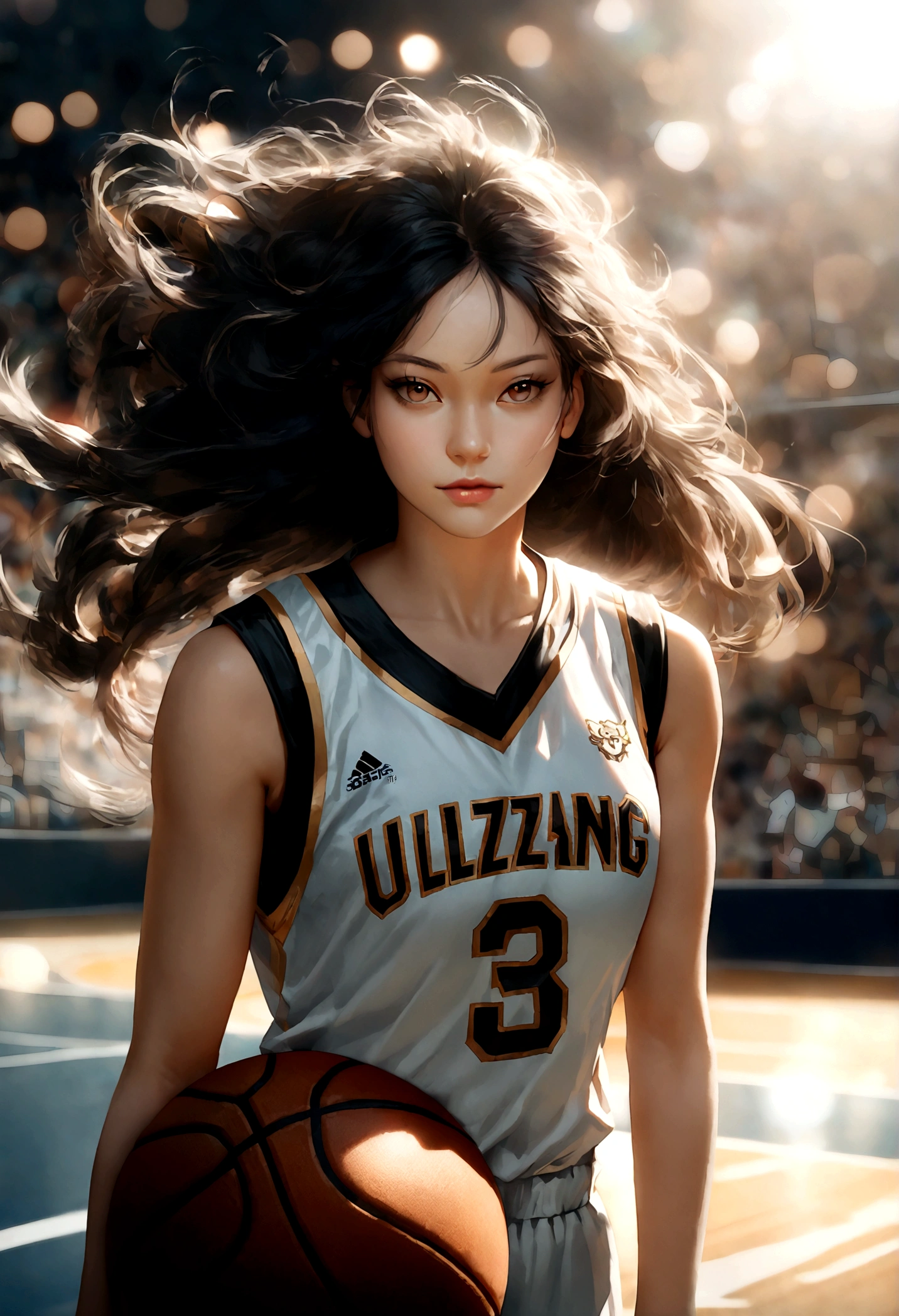 (8k, Best Quality, Masterpiece: 1.2), (Realistic, Realistic: 1.37), Ultra Detailed, Best Quality, Ultra High Resolution, Professional Lighting, Photon Mapping, Radiosity, Physically Based Rendering, Cinematic Lighting, Basketball court, depth of field, clear focus, sunlight, good composition, (bokeh: 1.2) 1girl, solo, (full body), (closed mouth), beautiful and detailed eyes, pose, narrow waist, basketball uniform, black hair , messy hair, long hair blowing in the wind, (ulzzang-6500:1.2) mix4, hiqcgbody