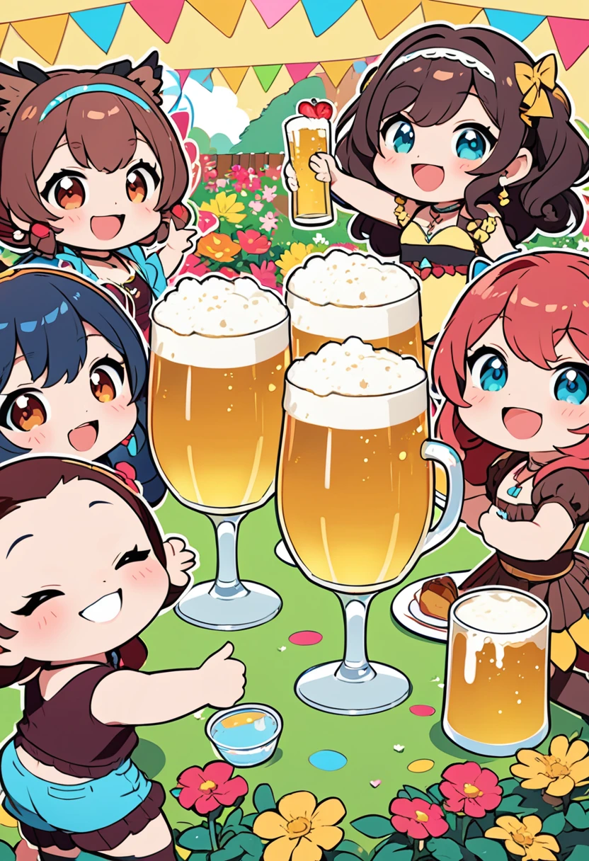 flat color,popart style,(best quality, masterpiece, ultra highres, ultra-detailed:1.2) , top-tier quality, 16K UHD, ((three Harpies)),cute,chibi, brown wings,Harpies having a fun garden party,(beer party),cheers,enjoy,happy,depth of field,portrait, 