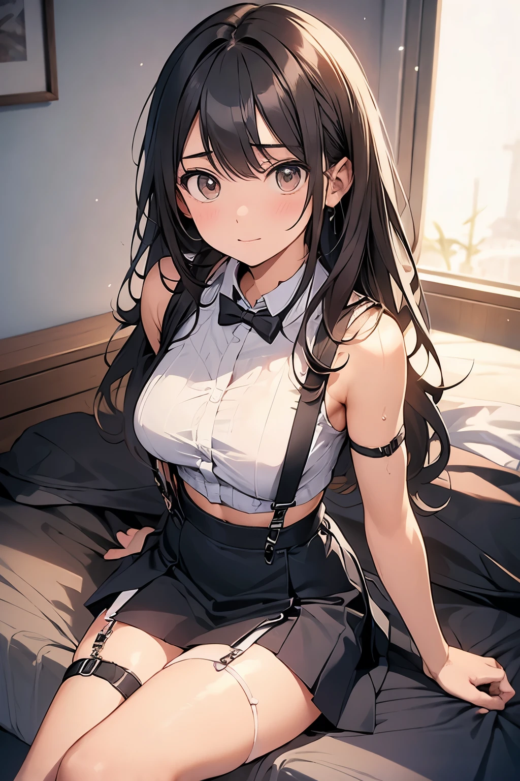 Staring at the audience Black suspenders bulging big breasts wall mini skirt garterbelt garter sight Small face holster Beautiful woman Show your hand Lying in bed sight Taunt side side汗 arm belt summer Armpit sweat