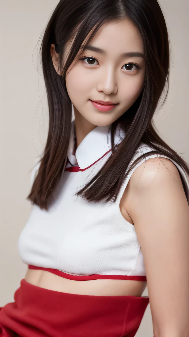 (the abdomen is visible to the viewer), 14years japanese girl、cute smile at the viewer, (arms at sides:1.2), standing straight, Short-cut hairstyles 、、summer School Building、Skinny Legs、Extraordinary beauty、Cute face、The best smile、Cute smile、frontage、slender、Schools、 (Raw foto:1.2), (Photorealsitic:1.4),　a beautiful detailed girl, extremely detailed eye and face, beatiful detailed eyes, huge filesize, hight resolution, ighly detailed, top-quality, ​masterpiece, ((Japanese girls' high school uniform:0.0)), ighly detailed, nffsw, 8k wallpaper, magnifica, finely detail, top-quality, (Highly detailed ticker short sleeves uniform:0.0)、 Light on the Face、light、tank top , crop top, mini skirt, (cute red bra), (photo from the thigh up:1.52),