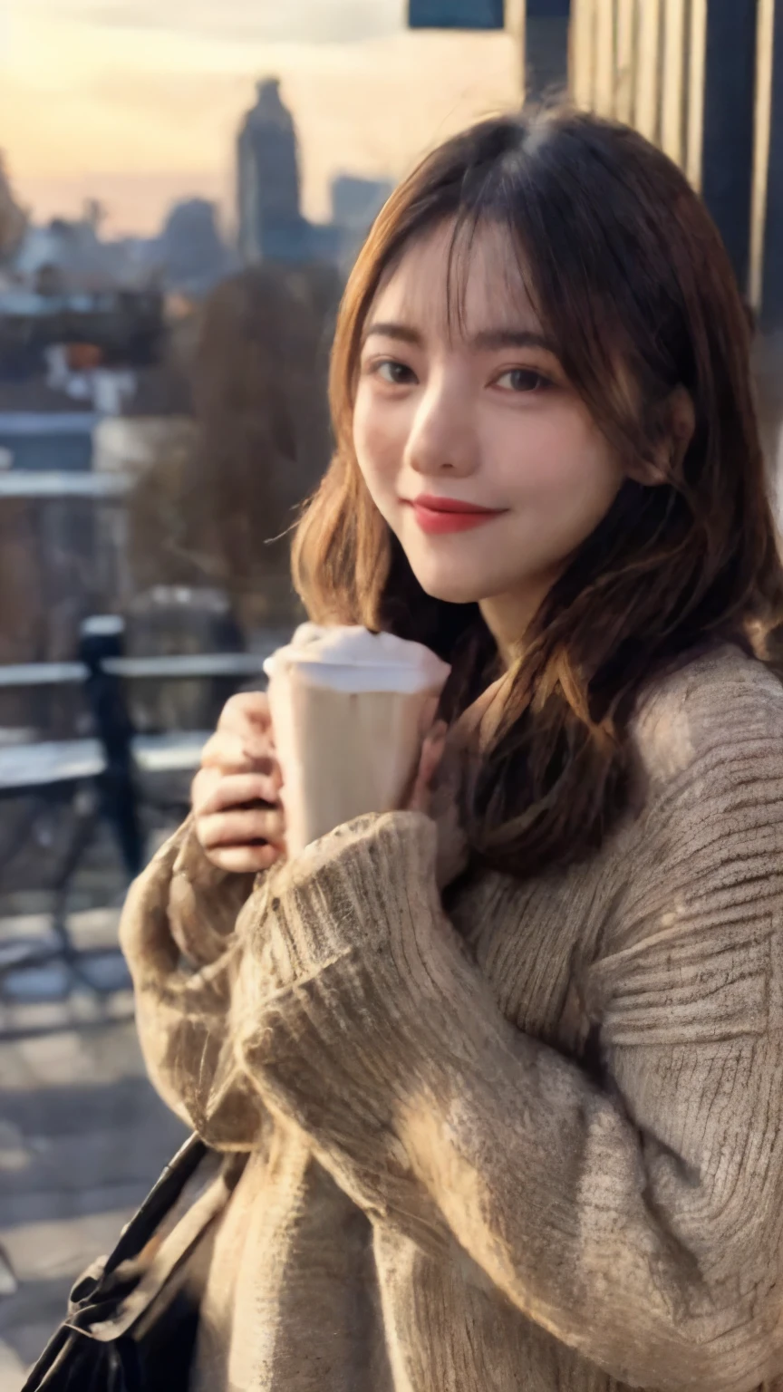 winter makeup、Winter is coming soon、smile、long hair、With the city in the background、cafe in one hand、 trend fashion
