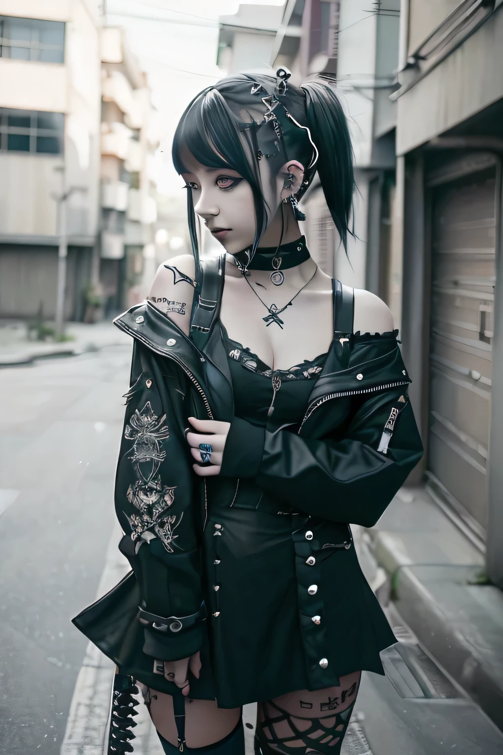 miku hatsune、Green hair、Twin-tailed、goth、(masutepiece), (Portrait), (Aesthetic), (Beautiful), (upper blody), (High quality), (aesthetic clothings), (professional angle), (thirds rule), (Feminine), (Woman), (Female), (Beautiful),(Feminine features), (25-years old), Solo, 1 woman, (Charming punk girl), Winters, Dramatic light, ((Playing guitar)), (Standing), Edgy makeup, (Small bust), ((electric guitar)), (Front face), (Defiant expression), ((defiance)), (Leather jackets and tattoos), ((Short hair)), (dyed (black) hair), (spiky hair), (Thick hair), Matte Shine Hair, (Sprinkled a hairband on the hair), (Green eyes), (Bold and bold look), (pale skin), (Dark clothes), (Band T-shirt), (Ripped jeans), (-), cleavage, large breasts), ((Urban alley background)), (up close shot), Beautiful hands, Two hands, normal hands, Two arms, complete hands, Beautiful body, Beautiful fingers, normal fingers, Five Fingers, Five Fingers, (Thumb index finger ring finger), Beautiful ears, normal ears, Beautiful eyes, shiny eyes, Beautiful mouth, Beautiful lips,
