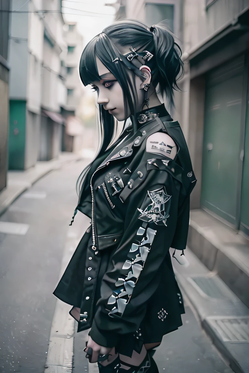 miku hatsune、Green hair、Twin-tailed、goth、(masutepiece), (Portrait), (Aesthetic), (Beautiful), (upper blody), (High quality), (aesthetic clothings), (professional angle), (thirds rule), (Feminine), (Woman), (Female), (Beautiful),(Feminine features), (25-years old), Solo, 1 woman, (Charming punk girl), Winters, Dramatic light, ((Playing guitar)), (Standing), Edgy makeup, (Small bust), ((electric guitar)), (Front face), (Defiant expression), ((defiance)), (Leather jackets and tattoos), ((Short hair)), (dyed (black) hair), (spiky hair), (Thick hair), Matte Shine Hair, (Sprinkled a hairband on the hair), (Green eyes), (Bold and bold look), (pale skin), (Dark clothes), (Band T-shirt), (Ripped jeans), (-), cleavage, large breasts), ((Urban alley background)), (up close shot), Beautiful hands, Two hands, normal hands, Two arms, complete hands, Beautiful body, Beautiful fingers, normal fingers, Five Fingers, Five Fingers, (Thumb index finger ring finger), Beautiful ears, normal ears, Beautiful eyes, shiny eyes, Beautiful mouth, Beautiful lips,