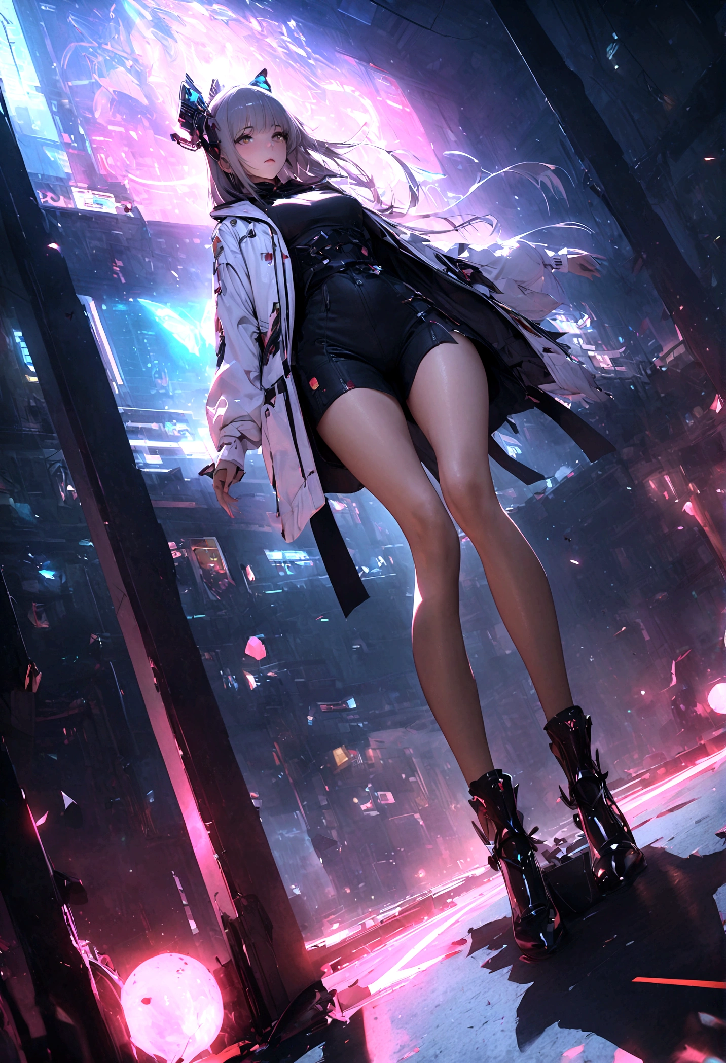 masterpiece,best quality,high resolution, 1 Girl,from below,(The legs are very thin and straight),,(Very long legs,Straight Legs),Black Silk,Valentino high-heeled shoes,long legs,stand up, Leg length seen from below,White inner library, Perfect body with slim waist,Have perfect legs,(Thin appearance,Aesthetically pleasing),Full Body Love,cyberpunk characters,dynamic poses,Slim waist seen from below,Peachy ripe big buttocks,1 Girl,Exquisite eyes,Brown eyes,Eyeshadow,make up,Long gray hair, Detailed face, delicate eyes, Looking at the audience, blush\(make up\), Plump lips, Red lips,(Long gray hair:1.3), (stand up)Mechanical static,Machine Summoning,(Hair accessories:1.1),Headgear,Chinese clothing,Super short cheongsam,Online Hanfu,White Coat,City,Luminous winding,glowing butterfly,cyberpunk lamp:1.1),Neon,Fully mechanical and futuristic elements,science and technology,背景是一條中國傳統的street,China Town, street, sky sky, cyberpunk characters, Paper lanterns, Neon Super Resolution,(Reality:1.3),1(Slim:1.2),Dramatic Lighting,Vibrant details,Luxury Cyberpunk,Complex background,Octane Rendering,Drawing from a bird's-eye view 8K,極為細緻的CG單元wallpaper, masterpiece,High resolution,top-quality,top-quality real texture skin,Surrealism,提high resolution,RAW photos,Best quality,Very detailed,wallpaper,movie lighting,Ray Tracing,Golden Ratio\),Dynamic angle,Painting explodes, art station, concept art, Smooth, Clear focus,
