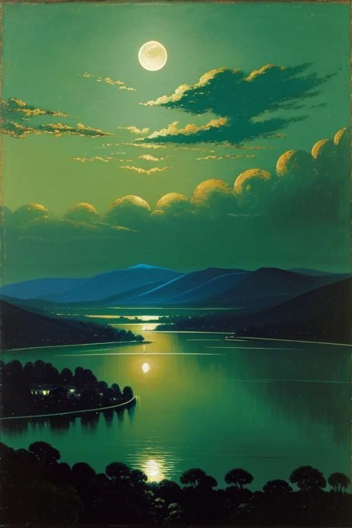 Night green sky with the moon and ominous clouds over the river, oil painting by kuindzhi, view from above