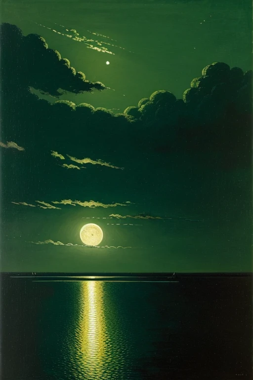 Night green sky with the moon and ominous clouds over the river, oil painting by kuindzhi, view from above