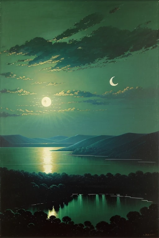 Night green sky with the moon and ominous clouds over the river, oil painting by kuindzhi, view from above