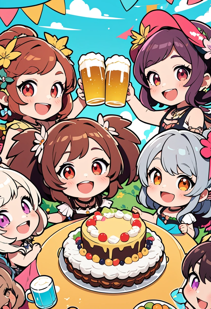 flat color,popart style,(best quality, masterpiece, ultra highres, ultra-detailed:1.2) , top-tier quality, 16K UHD, (three Harpies),cute,chibi,(brown wings),Harpies having a fun garden party,(beer party),cheers,enjoy,happy,depth of field,portrait,