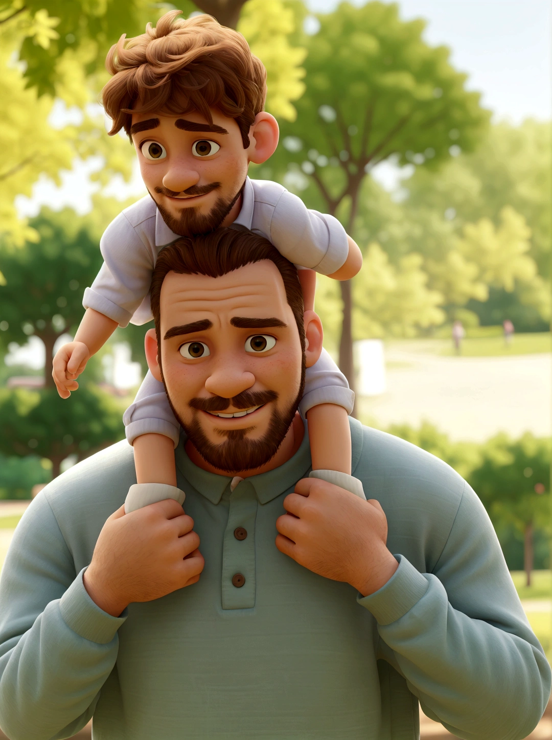 crafted man holding a  on his shoulders in a park, father with, caring fatherly wide forehead, at the park, father, with a kid, daddy/fatherly, portrait image, mixed art, advertising photo, on a sunny day, beautiful man, bright sunny day, celebrating, at the park on a beautiful day